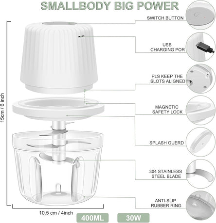 Kitchen Mixer - 400ML Large Capacity - 6 Blades Chopper - USB Rechargeable - Kitchen Must-Have for Home Use