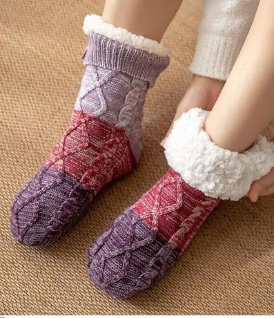 Two pairs of knitted fleece socks for women - warm, comfortable, soft and fluffy sleep socks for winter