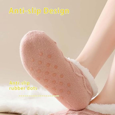 Women's Thermal Socks - Fleece Lined - Non-slip Bottom - Elastic Cuff - Bedroom & Living Room (Pink + Grey)