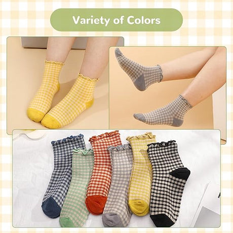 Frilly Socks - cute checked ankle socks for women - cotton knitted casual crew socks