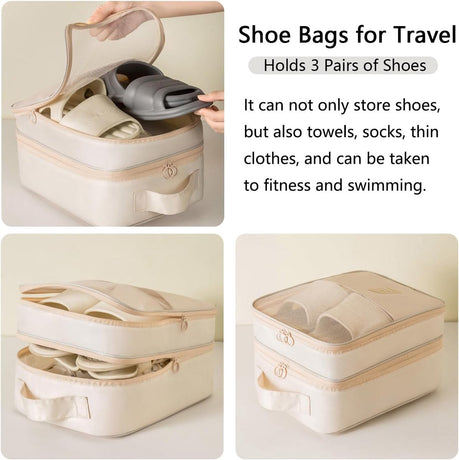 2 shoe storage bags - for travel and daily organization - suitable for 3 pairs of shoes - portable and compact shoe organizer for luggage (off-white)