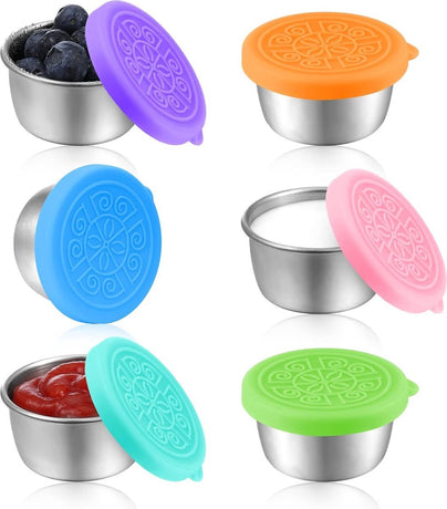 Mini Food Storage Containers - Stainless Steel Snack Box - To Go Set of 6 Dressing Jars 50ml - Sustainable Snack Boxes - Freezer Containers - Lunchbox Seal Cup - Silicone Storage Containers with Lids - Dressing Container - BPA Free - Leakproof - For Snack