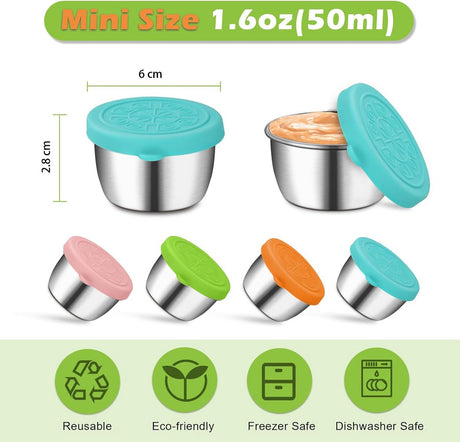 Mini Food Storage Containers - Stainless Steel Snack Box - To Go Set of 6 Dressing Jars 50ml - Sustainable Snack Boxes - Freezer Containers - Lunchbox Seal Cup - Silicone Storage Containers with Lids - Dressing Container - BPA Free - Leakproof - For Snack
