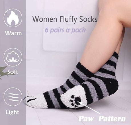 Warm Winter Socks Ladies - Set of 6 Pairs - Ladies Plush Socks - Women's Socks - House Socks - Sleep Socks - Fluffy Socks - Cat Claw - Cute Animal Socks - Birthday - Mother's Day - Gift for Women - Thick, Warming Quality - Christmas Gift