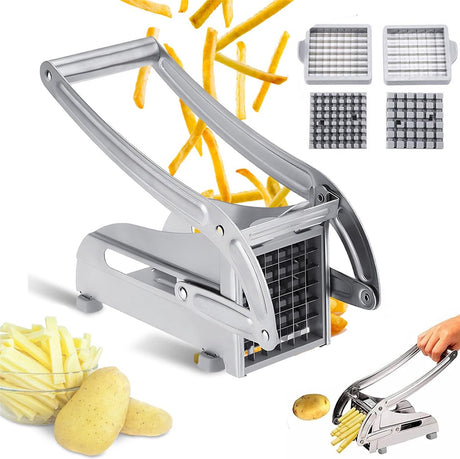 French Fry Cutter - Potato Cutter - Vegetable Cutter - 2 Inserts - Non-Slip Rubber Base - Dishwasher Safe - With Soft-Touch Handle - Effortless Vegetable Sticks - 9 and 12 mm - Stainless Steel - Sturdy - Professional