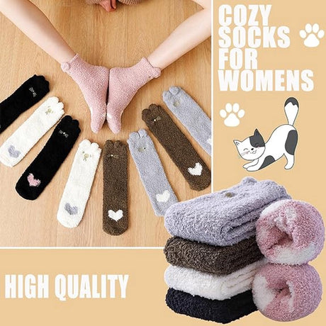 Warm Winter Socks Ladies - Set of 5 Pairs - Ladies Plush Socks - Women's Socks - House Socks - Sleep Socks - Fluffy Socks - Cat Claw - Cute Animal Socks - Birthday - Mother's Day - Gift for Woman - Thick/ Warming/ Comfortable - Christmas Gift