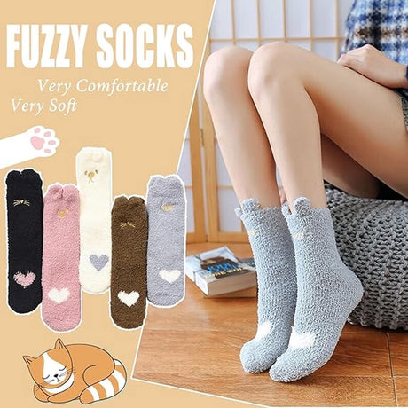Warm Winter Socks Ladies - Set of 5 Pairs - Ladies Plush Socks - Women's Socks - House Socks - Sleep Socks - Fluffy Socks - Cat Claw - Cute Animal Socks - Birthday - Mother's Day - Gift for Woman - Thick/ Warming/ Comfortable - Christmas Gift
