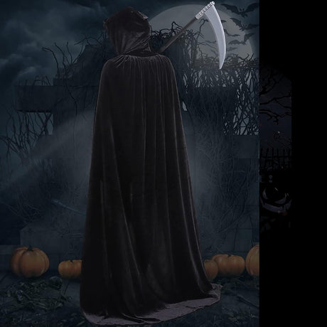 Luxury Black Hooded Coat - 170cm / XXL - Carnival Halloween Costume - Black Velour Coat - Hat - Adults - Dress Up - Costume Cape - Gothic - Fantasy - Halloween Suit - Carnival Clothing - Women and Men