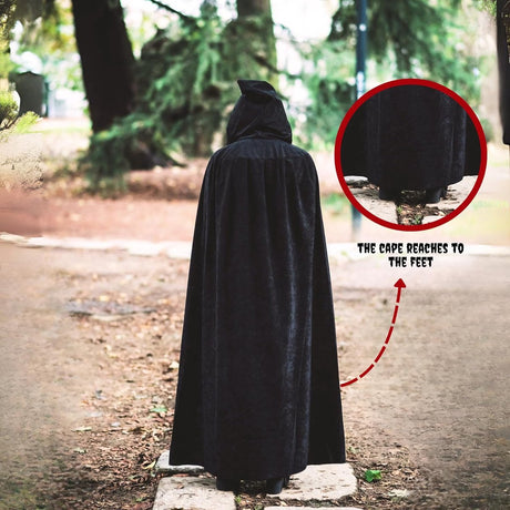 Luxury Black Hooded Coat - 170cm / XXL - Carnival Halloween Costume - Black Velour Coat - Hat - Adults - Dress Up - Costume Cape - Gothic - Fantasy - Halloween Suit - Carnival Clothing - Women and Men