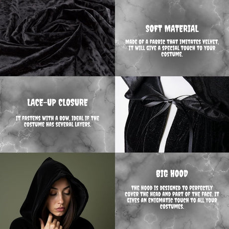 Luxury Black Hooded Coat - 170cm / XXL - Carnival Halloween Costume - Black Velour Coat - Hat - Adults - Dress Up - Costume Cape - Gothic - Fantasy - Halloween Suit - Carnival Clothing - Women and Men