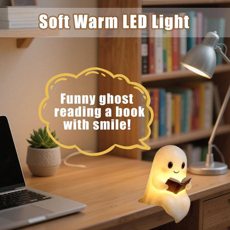 Halloween Cute Ghost Reading Lamp - Halloween Ghost Night Light - Halloween Decoration - Ghost Reading Book Lamp - Ghost Decoration - 3D LED Halloween Cute Ghost Figurine Fireplace Chimney Decoration for Home - 15 cm - Warmly Illuminated