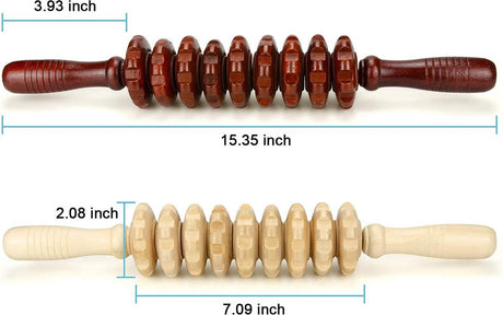 Massage Stick - Massage - Massage Device - 2 Pieces - Relieve Fatigue - Anti-Cellulite Massage Roller Tool - Full Body Massager - Thigh Massager - Natural Wooden Massage Roller - Connective Tissue Massages - Relax - Durable - 9 Wheels