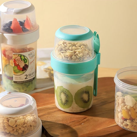 Yogurt Cup - Yogurt Cup To Go - Lunch Pot - BPA-Free - With Spoon - Muesli Cup To Go - Lunch Cup - Lunch Box - Lunch Container - Takeaway - Leakproof - Medium - 560 + 310 ml - Salad To Go - Salad Box - Pink and Green - Sustainable