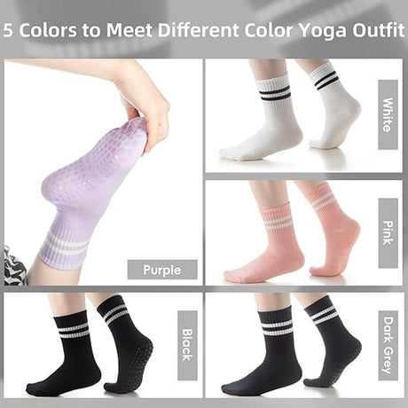 5 pairs - Socks - Women's high Pilates non-slip socks - Yoga Pilates Socks with Grip - Non-slip Cotton Socks - Yoga Socks - Non-slip ankle socks - for Ballet, Dance, Workouts - Black, White, Grey, Pink and Purple