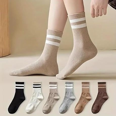 6 pairs - Socks - Cotton Socks - Autumn and winter socks - Comfortable and durable socks - striped socks for women - comfortable cotton leisure socks for women - cute socks - black, grey, white, coffee, khaki, light brown