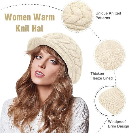 Ladies' Hat - Beanie Hat - Beret - Ladies' Beret - 2 Pieces - Knitted hat for ladies - Warm Winter Beret - Winter Hat - Warm Hats - Winter Hat with Brim - Winter - Fashion - Black/Beige