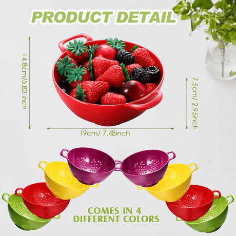 4 pieces - Vegetable laundry basket - Kitchen colander - plastic berry strainer - plastic colanders with handle - with double handles - small colander strainer - for fruit, vegetables and food - kitchen accessories - green, purple, red, yellow - 19*14.8*7