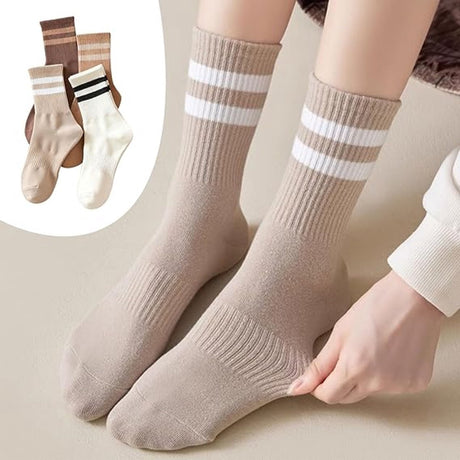 4 pairs - Socks - Cotton Socks - Autumn and winter socks - Comfortable and durable socks - striped socks for women - comfortable cotton leisure socks for women - cute socks - white, coffee, khaki, light brown