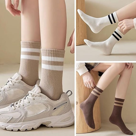 4 pairs - Socks - Cotton Socks - Autumn and winter socks - Comfortable and durable socks - striped socks for women - comfortable cotton leisure socks for women - cute socks - white, coffee, khaki, light brown