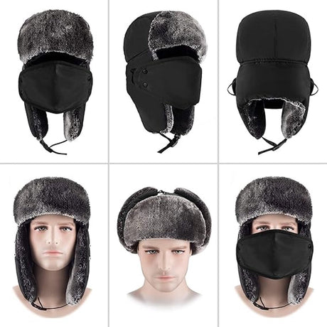 Beanie - men's beanie - Winter beanie - With Ear flaps and Face Mask - Winter Fur - Men's winter hat - Trapper hat - Black Ski Trooper - Snow Cap - Russian hat - Hunter's hat - Winter ear flap beanie - for cold weather - Black