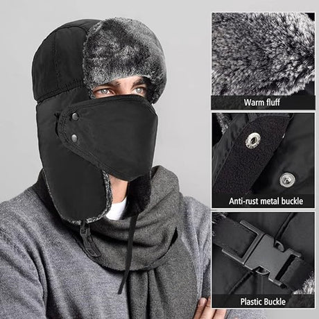 Beanie - men's beanie - Winter beanie - With Ear flaps and Face Mask - Winter Fur - Men's winter hat - Trapper hat - Black Ski Trooper - Snow Cap - Russian hat - Hunter's hat - Winter ear flap beanie - for cold weather - Black