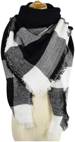 scarf - women's scarf - Women's Triangle Scarf - women's winter scarf - small scarves for women - Women's Wrap - Triangular scarf - Scarf with fringe - Faux cashmere - Warm for autumn and winter - Large checked tassel scarf - Black & White
