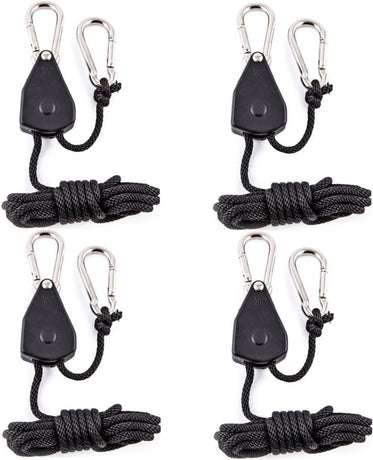 4 pieces - 2m - heavy duty rope hanger - hanger rope - adjustable - plant hanging rope - lamp hanging rope - tent canopy rope stopper buckle - tent guy lines - with pulley - outdoor accessories - for camping and hiking outdoors - black