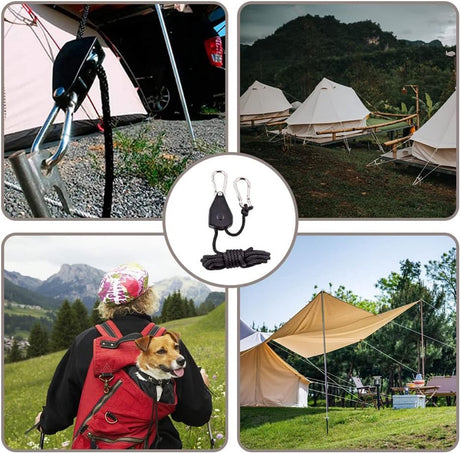 4 pieces - 2m - heavy duty rope hanger - hanger rope - adjustable - plant hanging rope - lamp hanging rope - tent canopy rope stopper buckle - tent guy lines - with pulley - outdoor accessories - for camping and hiking outdoors - black