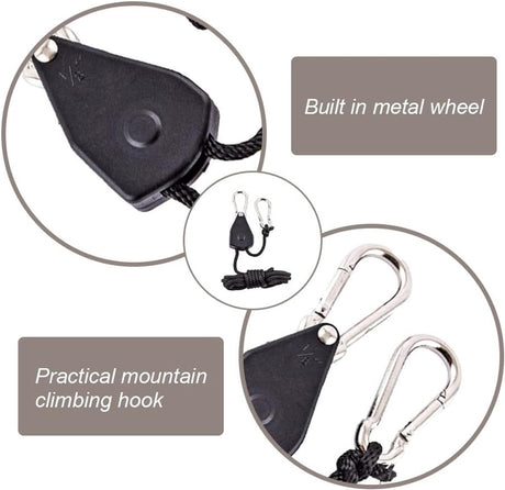 4 pieces - 2m - heavy duty rope hanger - hanger rope - adjustable - plant hanging rope - lamp hanging rope - tent canopy rope stopper buckle - tent guy lines - with pulley - outdoor accessories - for camping and hiking outdoors - black