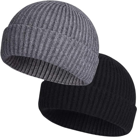 2 Pieces - hat - men's hat - Beanie - women's hat - men's beanie - Winter hat - knitted hat - Warm Hats - Cycling hat - Knitted ski hats - Running hats - Ultrawarm - Unisex - short knitted autumn winter warm hat - Grey, Black