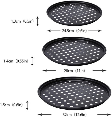 3 pieces - Pizza pans - round pizza plate - pizza baking sheet - baking sheet - round baking sheets with non-stick coating - perforated pizza baking set - pizza pans with holes - for home, kitchen and oven - 24cm, 28 cm, 32 cm - black