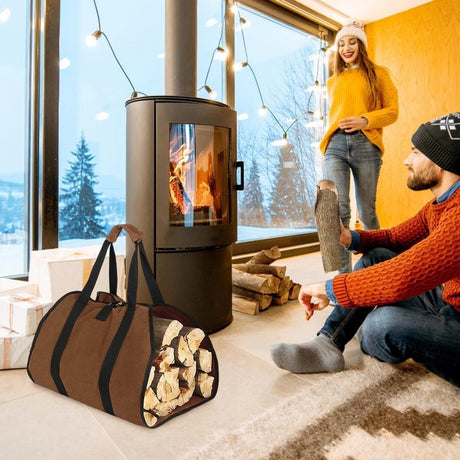 Firewood bag - Firewood sack - Firewood bag - Firewood carrying bag - Firewood carrying bag - Outdoor camping wood bag - large waterproof carrying bag - with non-slip handles - storage bag - firewood storage - for wood stoves and camping - 46*98 cm - brow