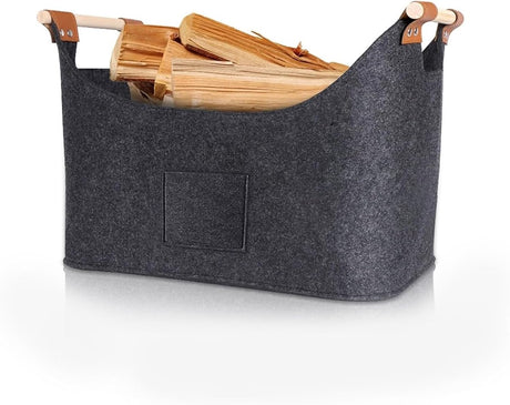 wood basket - firewood basket - storage basket - Foldable felt firewood basket with wooden handles - Fireplace Wood Basket - firewood basket - storage basket for wood, toys and books - Firewood basket - Dark grey