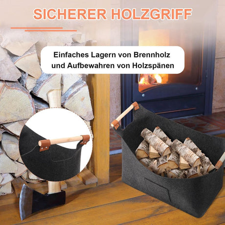 wood basket - firewood basket - storage basket - Foldable felt firewood basket with wooden handles - Fireplace Wood Basket - firewood basket - storage basket for wood, toys and books - Firewood basket - Dark grey
