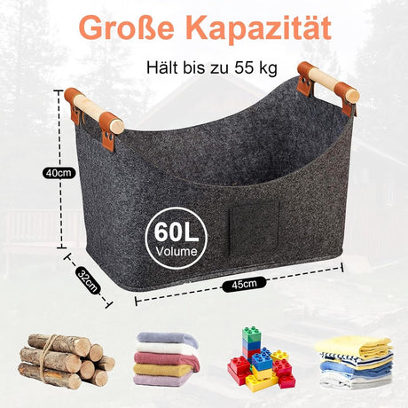 wood basket - firewood basket - storage basket - Foldable felt firewood basket with wooden handles - Fireplace Wood Basket - firewood basket - storage basket for wood, toys and books - Firewood basket - Dark grey