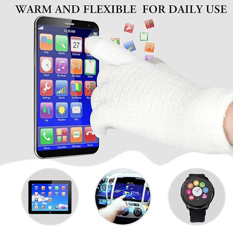 Hat with pompom, scarf and gloves - Three-piece Winter set - knitted fabrics - Warm Baggy Ski Hat - Winter Hat - Neck Warmer - Gloves - Touchscreen Gloves - for Outdoor play, skiing, motorcycling, windproof - for Men, Women - White