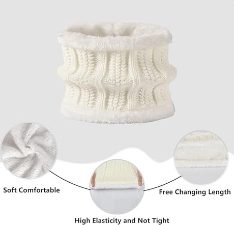 Hat with pompom, scarf and gloves - Three-piece Winter set - knitted fabrics - Warm Baggy Ski Hat - Winter Hat - Neck Warmer - Gloves - Touchscreen Gloves - for Outdoor play, skiing, motorcycling, windproof - for Men, Women - White