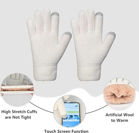 Hat with pompom, scarf and gloves - Three-piece Winter set - knitted fabrics - Warm Baggy Ski Hat - Winter Hat - Neck Warmer - Gloves - Touchscreen Gloves - for Outdoor play, skiing, motorcycling, windproof - for Men, Women - White