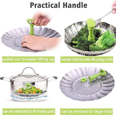 Vegetable steamer - Steamer basket - Stainless steel steamer - Fits all pans - Retractable - Adjustable - Foldable steam liner - With telescopic handle - silver