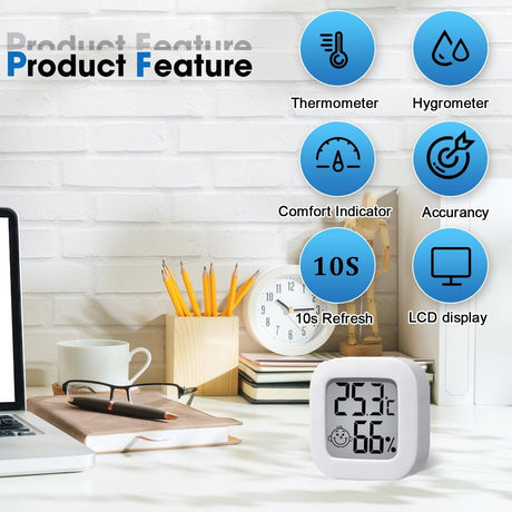 Mini digital indoor thermometer - Weather station - Thermometer - Highly accurate temperature monitor - Indoor thermometer - Hygrometer - Thermo-hygrometer - Comfort level indicator - White