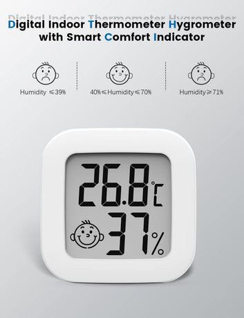 Mini digital indoor thermometer - Weather station - Thermometer - Highly accurate temperature monitor - Indoor thermometer - Hygrometer - Thermo-hygrometer - Comfort level indicator - White