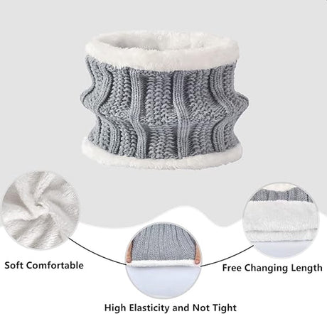 Hat with pompom, scarf and gloves - Three-piece Winter set - knitted fabrics - Warm Baggy Ski Hat - Winter Hat - Neck Warmer - Gloves - Touchscreen Gloves - for Outdoor play, skiing, motorcycling, windproof - for Men, Women - Grey