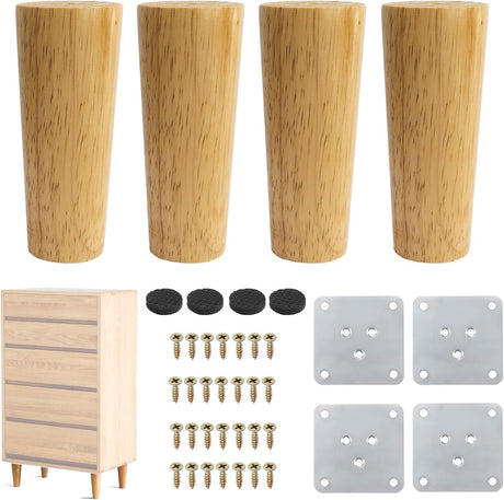 4 pieces - 15 cm - Furniture legs - Table legs - wooden furniture legs - solid tapered wooden table legs - replacement sofa legs - with screws and anti-slip protector - for TV cabinet, wardrobe, sofa, armchair, bed - brown