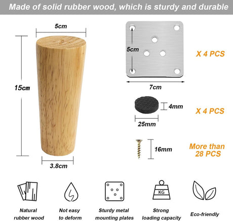 4 pieces - 15 cm - Furniture legs - Table legs - wooden furniture legs - solid tapered wooden table legs - replacement sofa legs - with screws and anti-slip protector - for TV cabinet, wardrobe, sofa, armchair, bed - brown