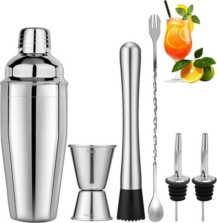 Stainless Steel Cocktail Shaker - 6-piece set - Cocktail set - Cocktail Shaker (750ml) - cocktail accessories - Cocktail set with drink shaker, cocktail strainer, mixing spoon, muddler, wine measure, handy stirrer - bar set - for Cocktail bar