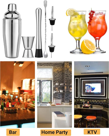 Stainless Steel Cocktail Shaker - 6-piece set - Cocktail set - Cocktail Shaker (750ml) - cocktail accessories - Cocktail set with drink shaker, cocktail strainer, mixing spoon, muddler, wine measure, handy stirrer - bar set - for Cocktail bar
