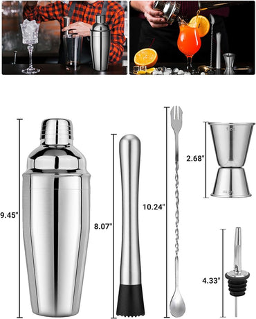 Stainless Steel Cocktail Shaker - 6-piece set - Cocktail set - Cocktail Shaker (750ml) - cocktail accessories - Cocktail set with drink shaker, cocktail strainer, mixing spoon, muddler, wine measure, handy stirrer - bar set - for Cocktail bar