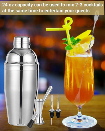 Stainless Steel Cocktail Shaker - 6-piece set - Cocktail set - Cocktail Shaker (750ml) - cocktail accessories - Cocktail set with drink shaker, cocktail strainer, mixing spoon, muddler, wine measure, handy stirrer - bar set - for Cocktail bar