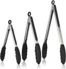 3-piece kitchen tongs set - 7/9/12 inch - Grill tongs - Grill accessories - With hanging loop - Cooking tongs - Heat resistant - Silicone non-stick coating - Stainless steel handles - Ideal for grilling food, salads, frying, and serving - Black