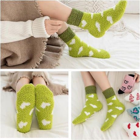 5 pairs - Warm Winter Socks - Plush Socks - House Socks - Non-slip Socks - Fluffy Socks - Fuzzy Slipper Socks - Sleep Socks - Coral Fleece Sleep Socks - Soft Bed Socks for Women - For Cold Nights - Cute Cat and Heart Pattern